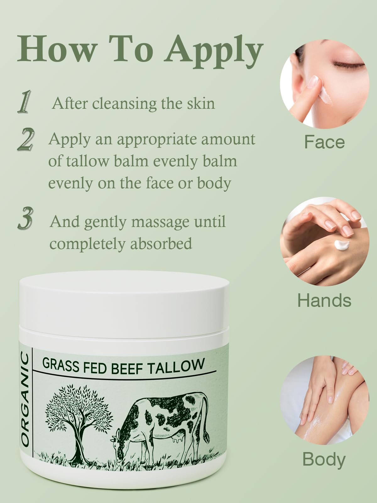 Beef Tallow, Tallow Face Moisturizer, Beef Tallow for Skin, Unscented 100% Organic Beef Tallow Blam Grass Fed Finished Whipped Tallow Face Cream Moisturizer Body Lotion Skin Care for Sensitive Skin