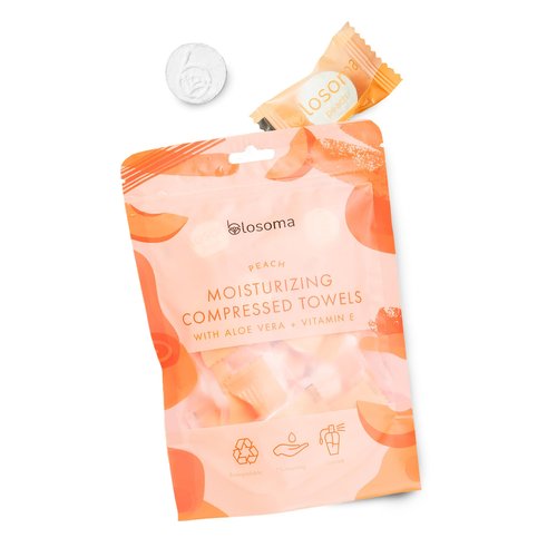 Peach Moisturizing Compressed Towel, Disposable Mini Tablets Cotton Coin Tissue, Water Activated Rejuvenating Towels for Travel, Camping, Gym, Home Portable Hand Wipe (Pack of 50)