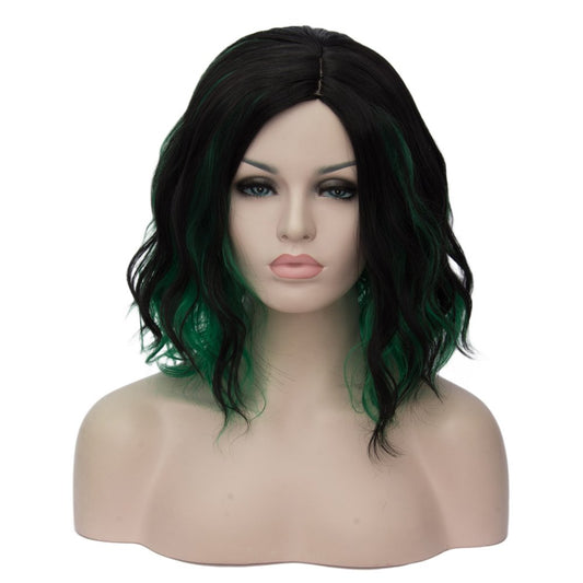 BERON Black and Green Wigs Women Short Curly Wavy Wig Girls Mixed Color Shoulder Length Side Part Halloween Cosplay Party or Daily Used Wig