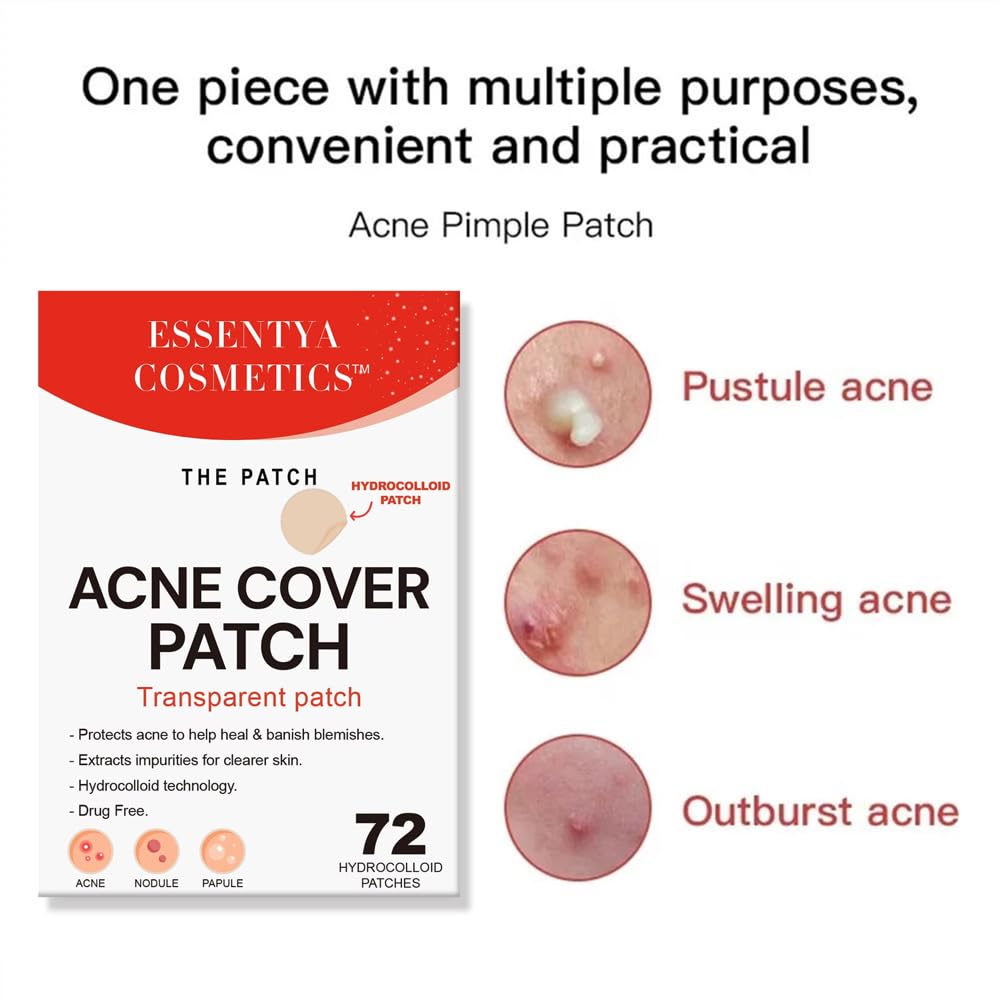 ESSENTYA COSMETICS Pimple Patches For Acne (72 units), Invisible Hydrocolloid Patches For Day and Night. Ultra Thin, Non-Irritating and Fast Healing