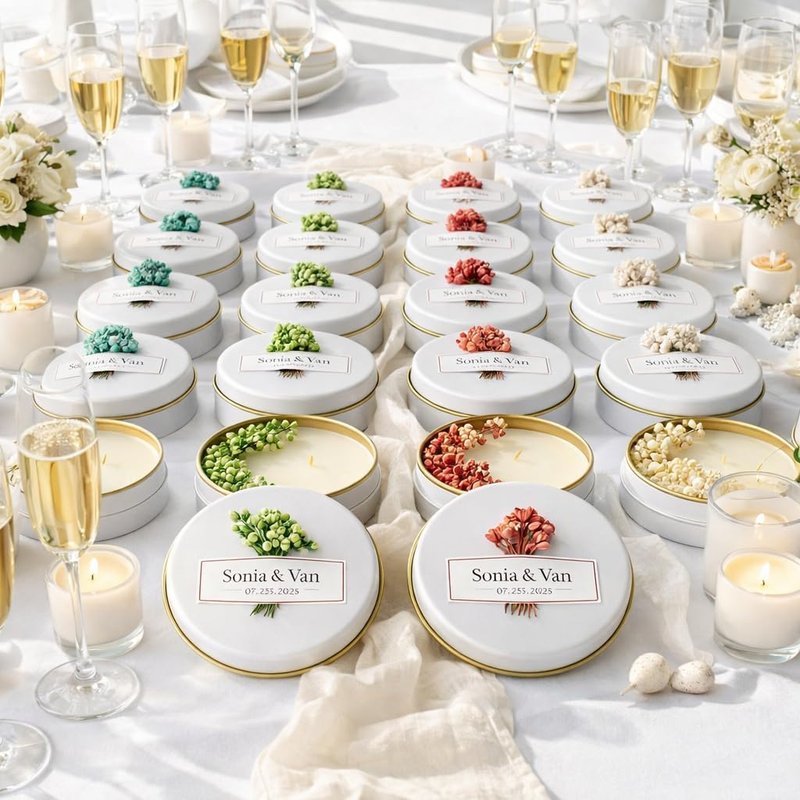 Personalized Soy Wax Candle Favors - Dried Flowers | White Tin Guest Gifts for Weddings & Showers (10-200 Count)