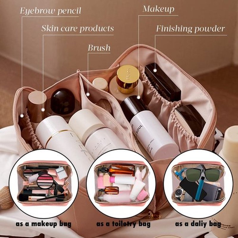 MINGRI Large Capacity Travel Cosmetic Bag for Women,Portable PU Leather Makeup Bag Water Resistant,Flat Open Multifunctional Storage Travel Toiletry Bag with Divider and Handle (Soft pink)