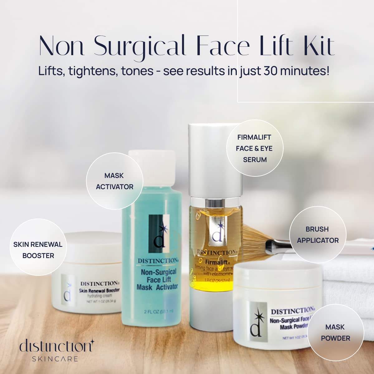Distinction Skincare Kit with Face Serum, Cream, Mask & Powder Set w/ Brush