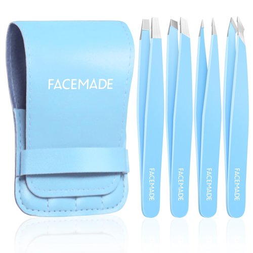 FACEMADE 4 Pack Tweezers Set - Professional Stainless Steel Tweezers for Men and Women, Precision Eyebrow Tweezers for Facial Hair, Chin, and Ingrown Hair Removal (Blue)