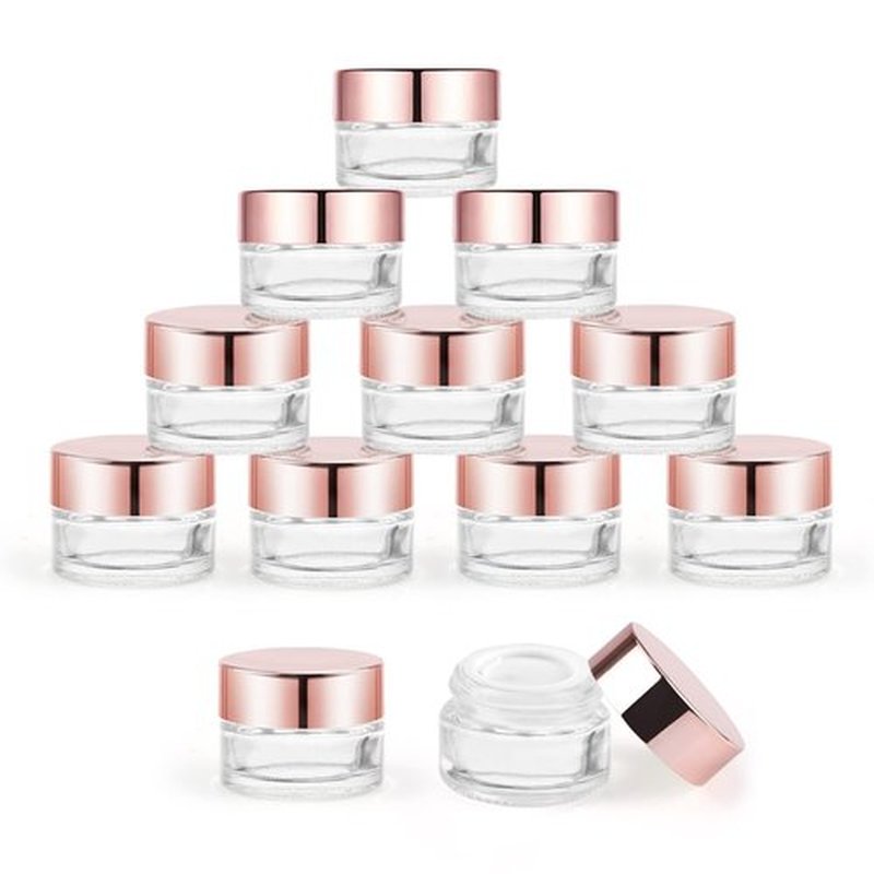 12 Pcs 5g Glass Cosmetic Jars Refillable Clear Cream Bottle Containers Empty Sample Vials Jar with Rose Gold Lid for Eye Cream Lotion Ointments Lip Balm Scrub