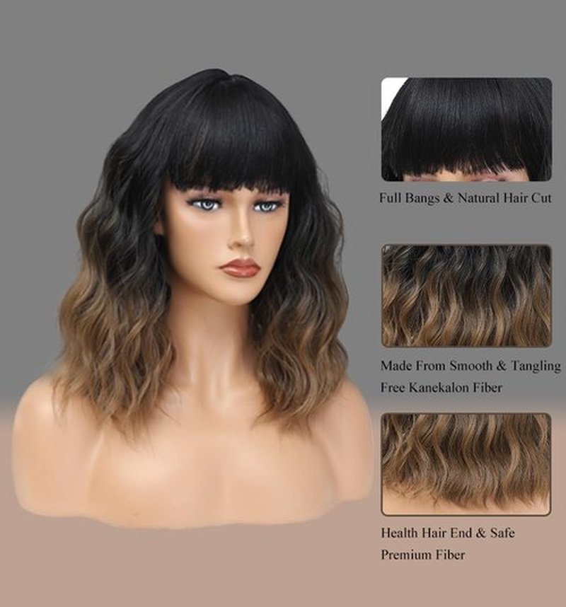Short Brown Wigs with Bangs 14Inch Ombre Brown Curly Bob Wig for Women Shoulder Length Natural Looking Hair Replacement Wig for Daily Party Use Cosplay Costume Halloween Wig