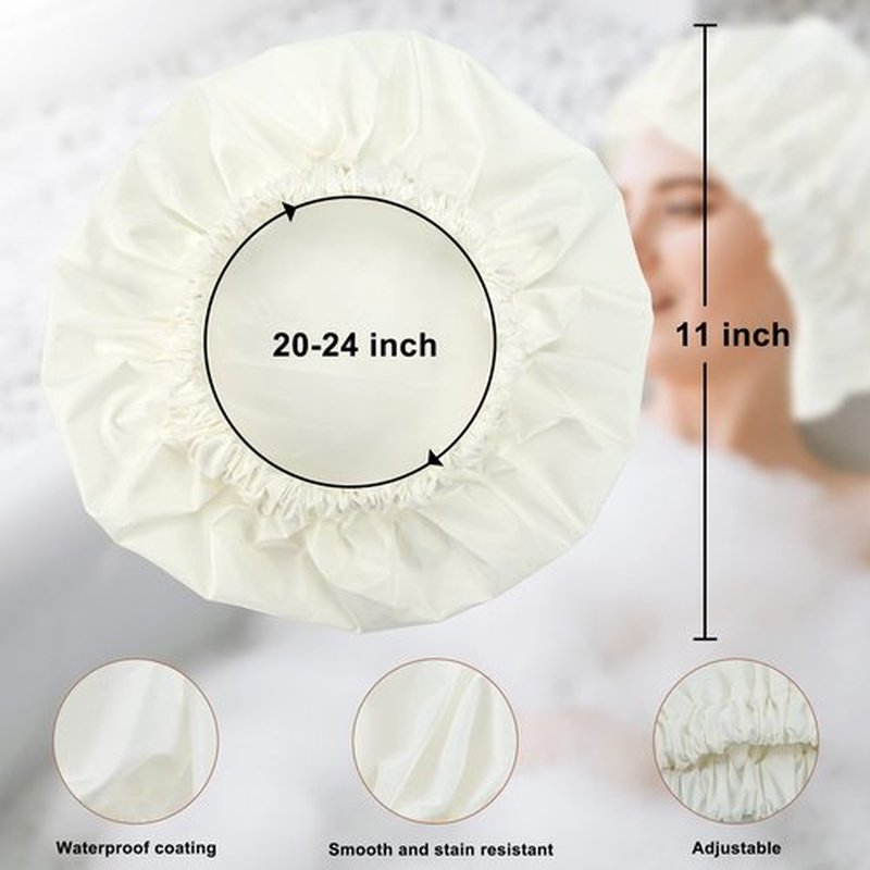Reusable Shower Cap for Women, Large Waterproof Shower Bonnet Washable Elastic Band Bath Hair Hat for Long Hair, Braids(White)