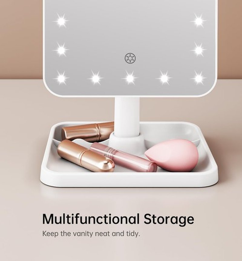 Famihomii Rechargeable Lighted Makeup Mirror for Girls, Makeup Mirror with Lights, Desk Adjustable 360° Rotation Durable Vanity Mirror with Storage, Detachable Design Table Mirror