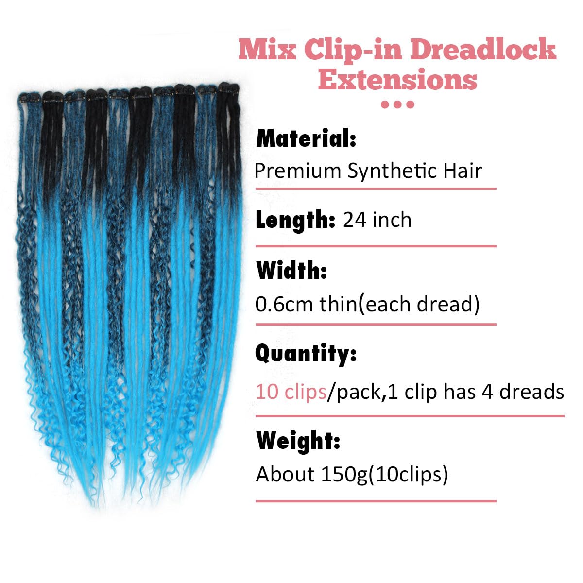 24 Inch Clip in Dreadlock Hair Extensions 10Clips 40 Strands Mixed Synthetic Dreads Extensions for Women,Handmade Soft Straight Boho Wavy Dreads,1B/Blue