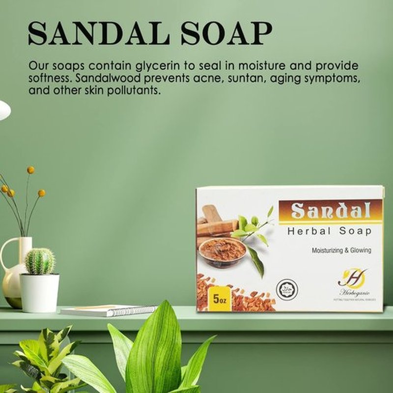 HERBOGANIC Sandal Herbal Soap | Pack of 3 of 5oz soap Bar | Natural Bar Soap for Face and Body | Hydrating and Nourishing | Suitable for Men and Women