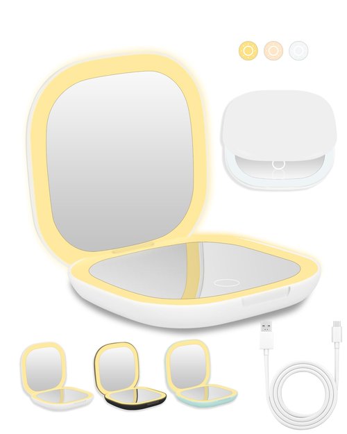 Dec.Metu Compact Mirror, 1X/5X Magnification Pocket Travel Makeup Mirror with Lights for Purse Rechargeable Small Handheld Mirror for Gift White