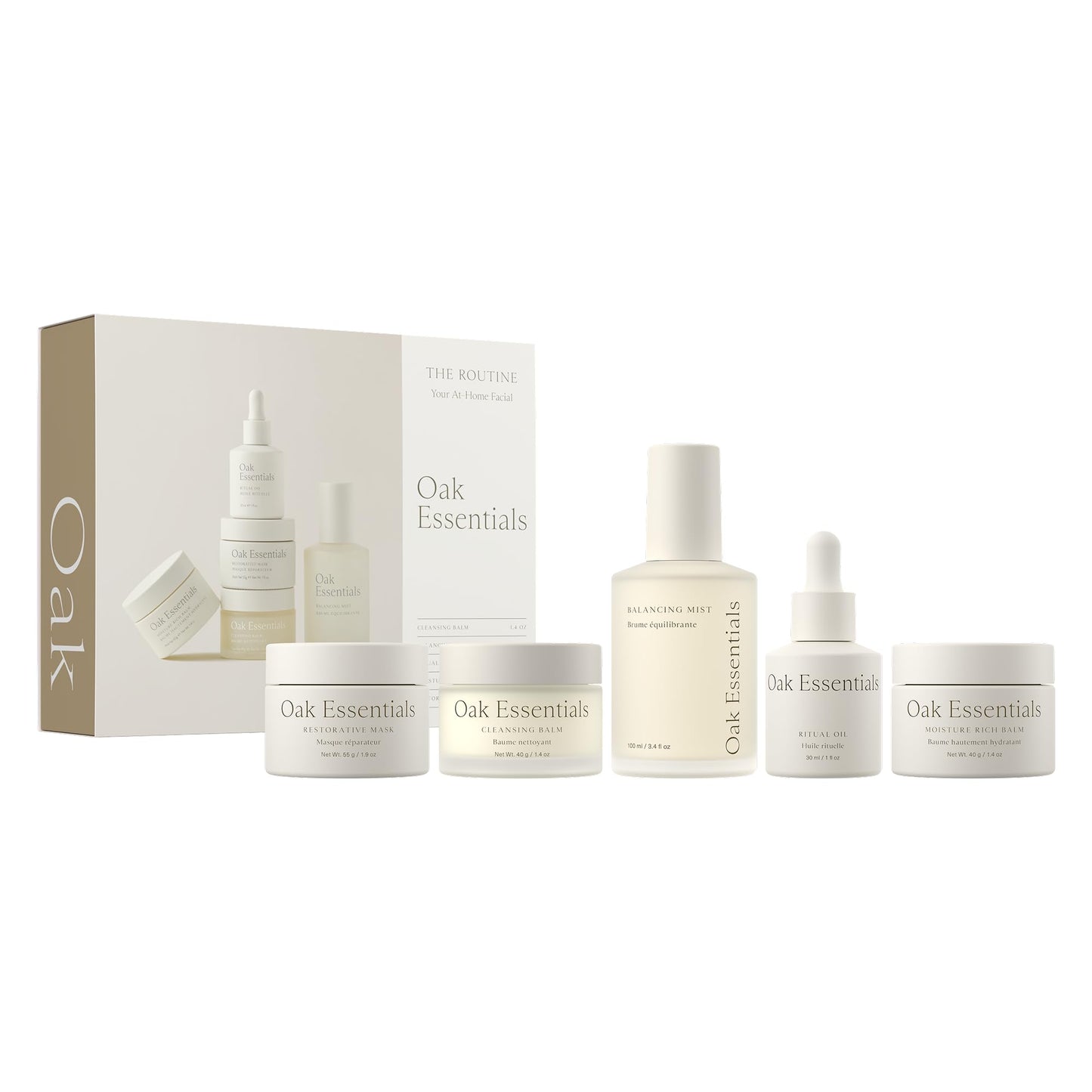 Oak Essentials The Routine Face Skincare Set, 5-Piece Routine: Cleansing Balm, Restorative Mask, Balancing Mist, Ritual Oil and Moisture Rich Balm, Beauty Gift Set for Women, Full Sizes