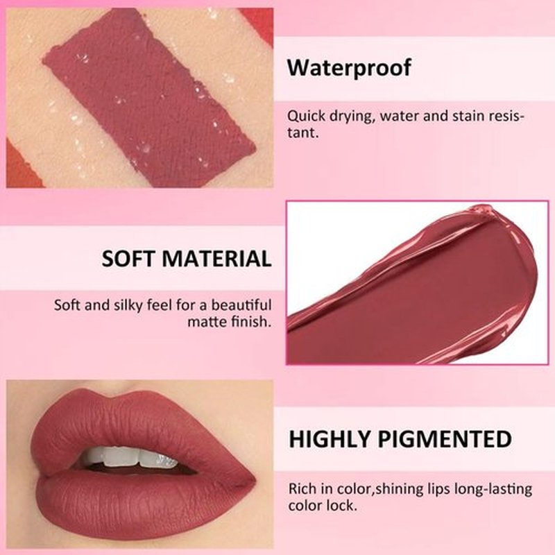 JUAAZIN 5Pcs Matte Liquid Lip Sticks + 1Pcs Liquid Lip Oil Set, Wine Dark Brown Sienna Firebrick Mordant Red Lipstick Set, Rich Colors Long-Lasting Wear Not Fade Waterproof Lip Gloss(set3