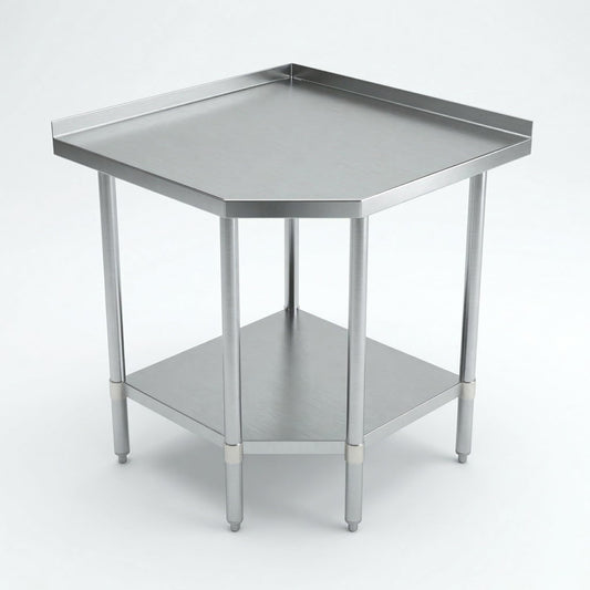 Stainless Steel Corner Work Table 32 in. x 32 in. x 35 in. with 1.5 in. Backsplash, Galvanized Undershelf, 5 Leg Support, Commercial Prep Table for Restaurant Kitchen Utility