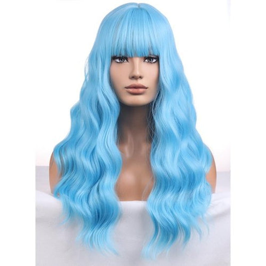 BERON Blue Long Wigs Curly Wavy Womens Wigs with Bangs Light Blue Colored Heat Resistant Synthetic Wigs for Cosplay or Daily Wigs Wig Cap Included