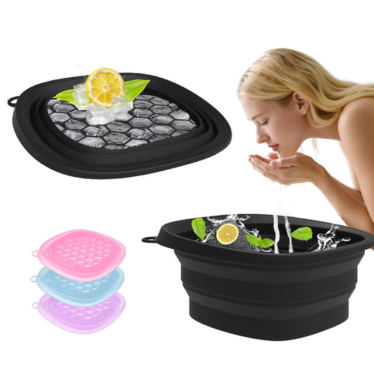 Face Ice Bowl with Built-in Ice Tray - Collapsible Silicone Cold Plunge Therapy for Skin Tightening | Portable Spa Tool (Black)