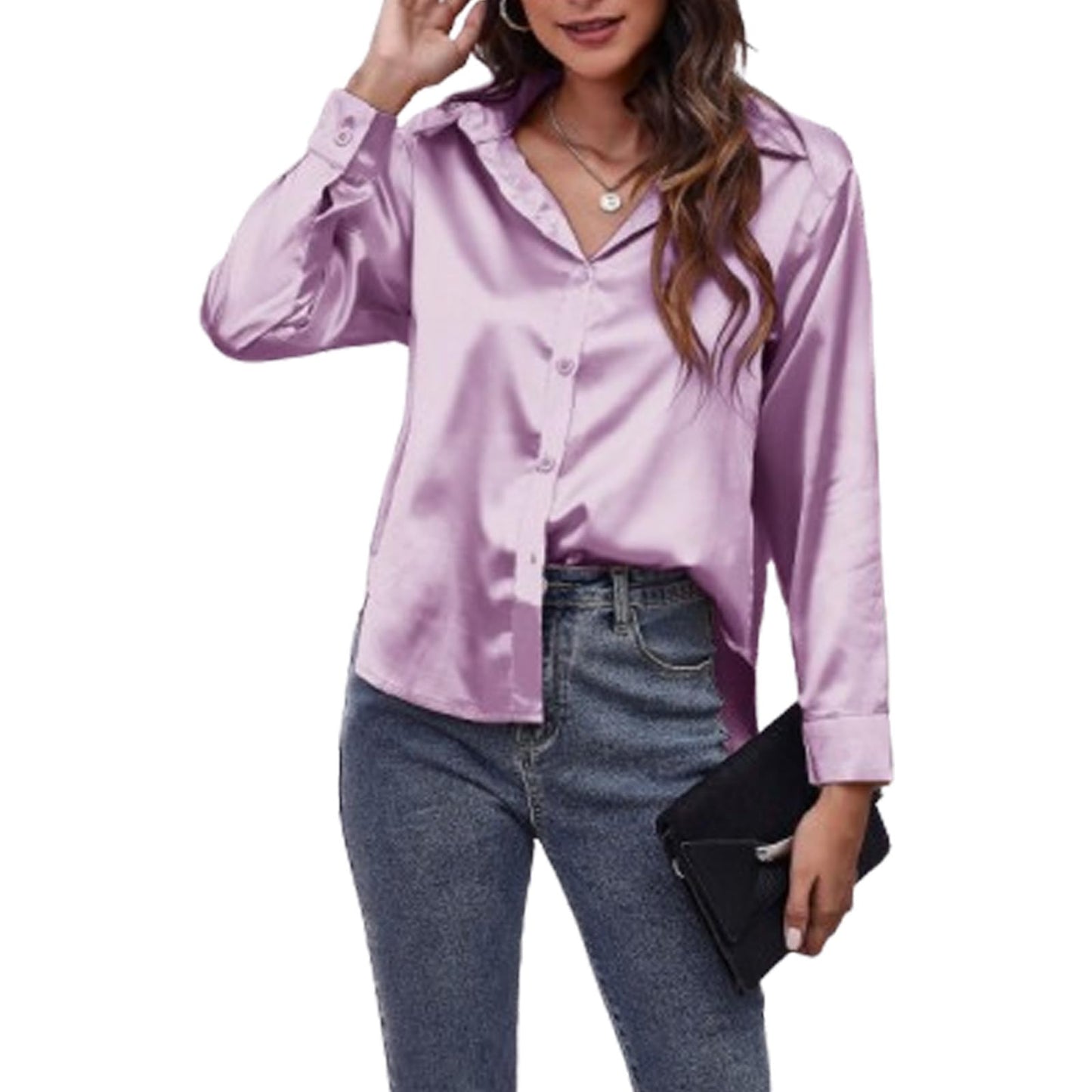 Women Satin Blouses Lapel Collar Long Sleeve Button Down Silk Shirts High Low Hem Silk Shirts Dressy Work Office Business Blouse Tops A-Purple