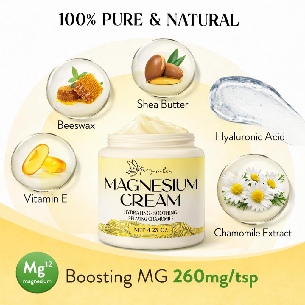 Manelix Magnesium Cream for Sleep - Topical Magnesium for Women, Muscle Relaxation, Calm, Moisturizing with Coconut Oil, Shea Butter & Hyaluronic Acid, 4.23 OZ, Safe for Kids (4.23 Ounce, Chamomile)