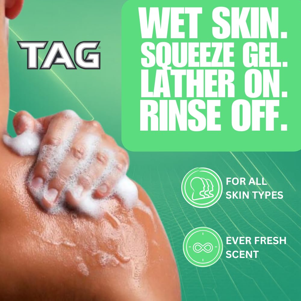 TAG Mens Body Wash, Refreshing Shower Gel, with Deep Cleansing, Long Lasting Fearless Scent, Revitalizing Body Wash Formula for Active Men; 3-Pack (18 Fl Oz Each) (Endurance)