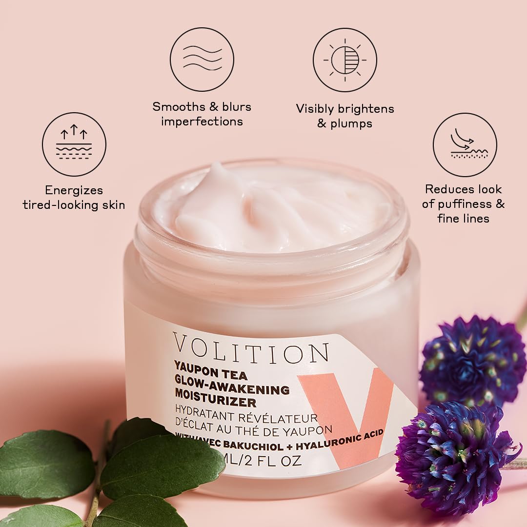 Volition Beauty Yaupon Tea Glow-Awakening Moisturizer with Bakuchiol + Hyaluronic Acid | Caffeinated Facial Cream Energizes Tired Skin | Natural Retinol Alternative Reduces Look of Wrinkles (2 fl oz)
