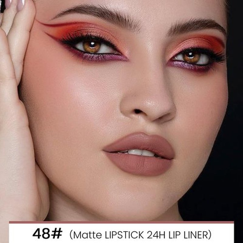 HHLTOH Nude Brown Velvet Matte Lip Liner and Lipstick Combo Set Kit for Women, DNM Magic 24 Hours Lipstick and Lip Liner Makeup Set Stain Long Lasting Waterproof labial Care Cruelty-free, 48#