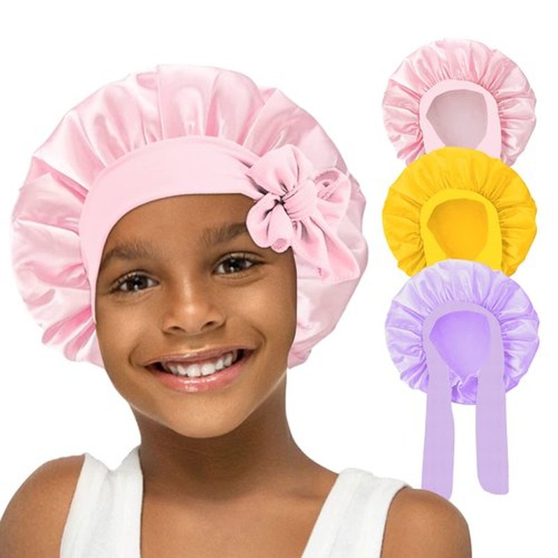 3 Pcs Kids Silk Bonnet for Sleeping - Baby Hair Bonnet for Sleeping,Kids Satin Bonnets for Girls with Adjustable Wide Elastic Band,Sleeping Cap for Teens Toddler Child Curly Hair(Pink+Purple+Yellow)