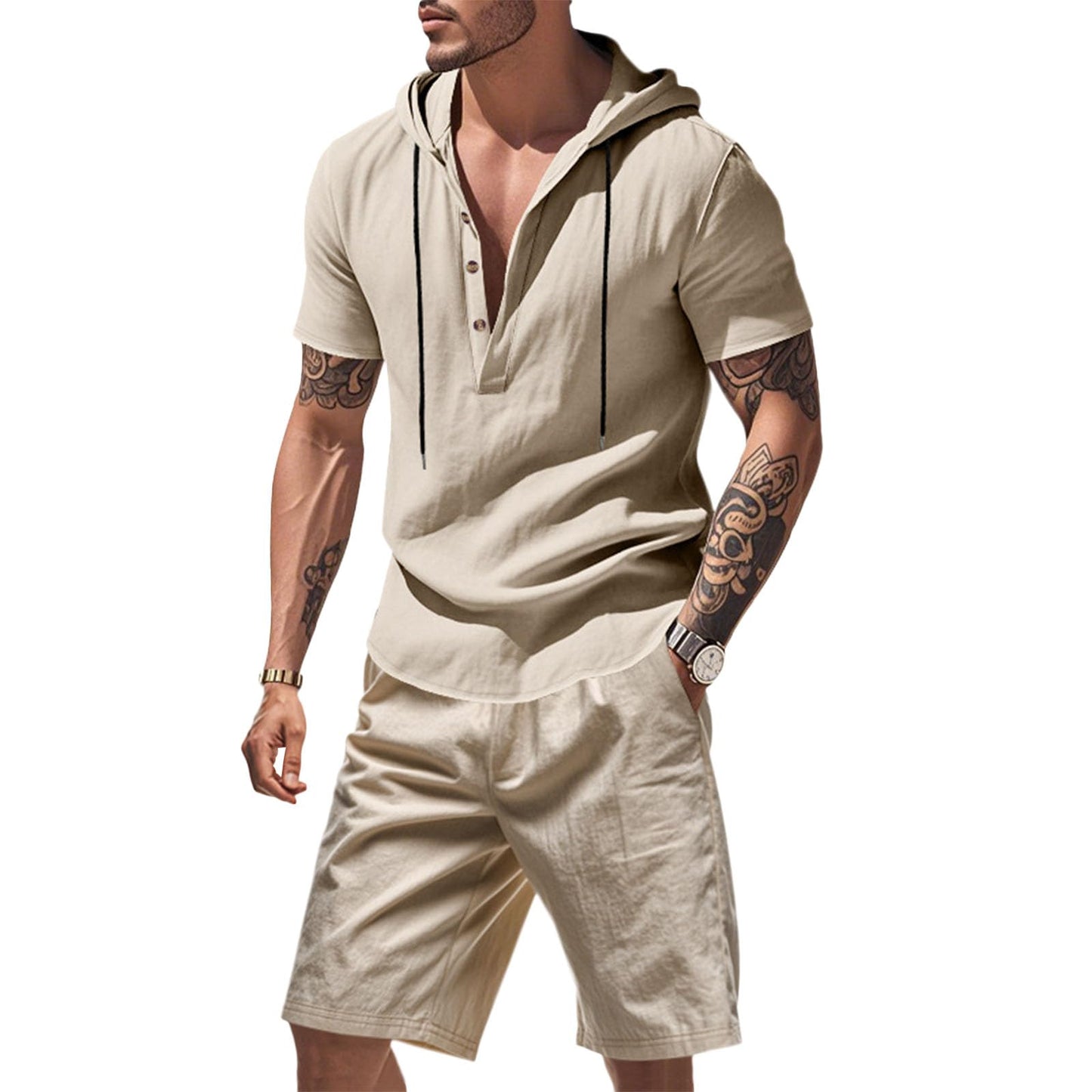 Costaric Men's 2 Piece Linen Outfits Short Sleeve Hooded Shirt and Shorts Set Casual Summer Matching Set Athletic Workout Beach Tracksuits Khaki 2XL