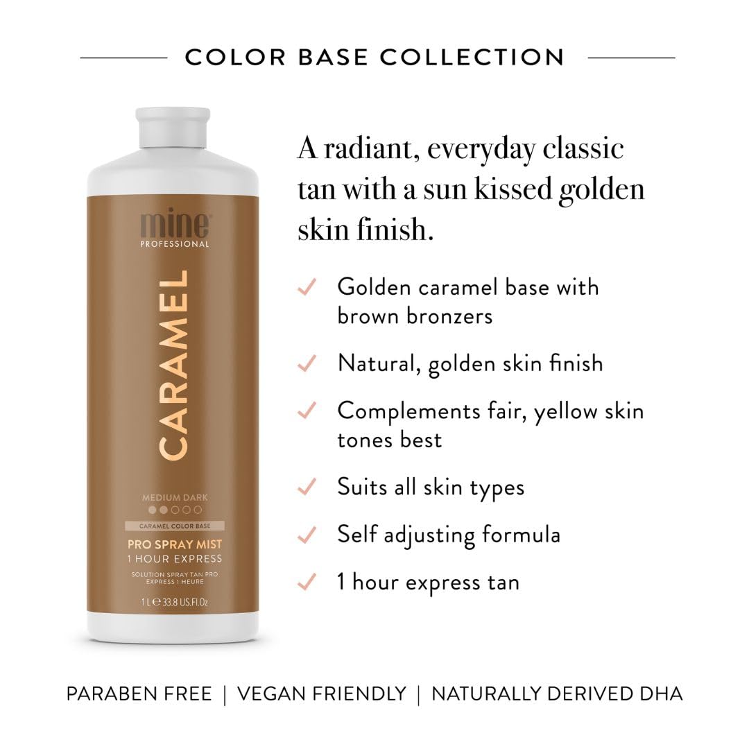 MineTan Spray Tan Solution | Caramel - Fake Tanning Mist Best for Warm Bronzed Glow Skin Finish, Fast Drying, 1 Hour Express, Hydrating, Salon Professional Formula, Vegan, 33.8 Fl Oz