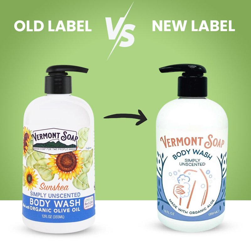 VERMONT SOAP Body Wash, Natural Body Wash with Shea Butter, Mild Gel Body Wash for Moisturizing and Soothing Skin, Fragrance Free Body Wash for Women & Men (Simply Unscented, 12oz)