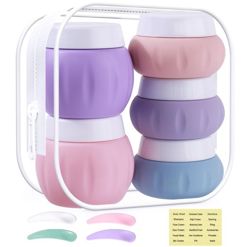 Travel Containers for Toiletries, GLAMFIELDS TSA Approved 2Pcs 1.7oz+3Pcs 1oz Travel Size Silicone Jars BPA Free, Leak-proof Travel Essentials with Lid for Cosmetic Face Hand Body Cream Purple(5Pack)