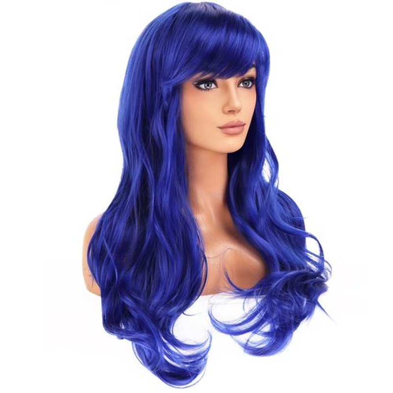 BERON Blue Wigs Long Curly Wavy Women Wigs with Bangs Dark Color Wave Heat Resistant Synthetic Wigs for Cosplay Daily Wigs Wig Cap Included
