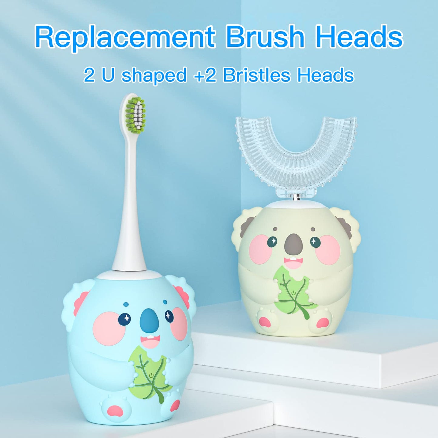 ELOTAME Cartoon Kids U Shaped Electric Toothbrush with 4 Brush Heads,Full Mouth 360-Degree Cleaning Sonic Automatic Toothbrush with IPX7 Waterproof (8-15 Age Blue Koala Without Cup)