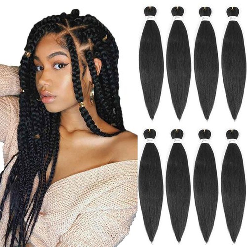 [MULTI PACKS DEAL] Black Pre Stretched Crochet Braiding Hair 24 Inch - 8 Bundles Hot Water Setting Jet Black Natural Soft EZ Braids Professional Yaki Straight Synthetic Bundles for Black Women