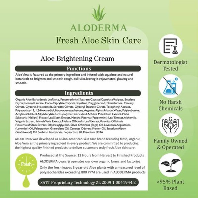 Aloderma Brightening Facial Cream - Made with 69% Organic Aloe Vera - Natural Skin Brightening Squalane & Niacinamide for Flawless Complexion, 1.7oz