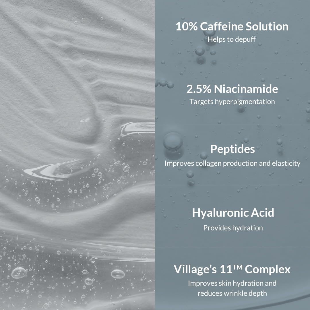 VILLAGE11FACTORY Hydro Boost Caffeine Eye Serum with 10% Caffeine Solution, Niacinamide, Hyaluronic Acid & Hexapeptide-8 for Depuffing, Elasticity, Dark Circle Treatment (0.33 fl.oz./10ml)