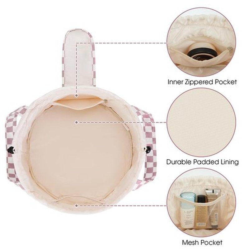 Barrel Drawstring Checkered Makeup Bag Large Cosmetic Bag Make up Bags Toiletry Organizer for Women (Dusty Rose Checkerboard) (Patent)
