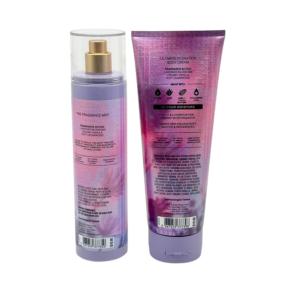Bath & Body Works VANILLA EASE Fine Fragrance Mist & Ultimate Hydration Body Cream 2-piece Gift Set with a Purple Bow for Gifts & Holidays – Full Size