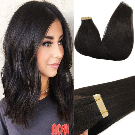 GOO GOO Tape in Hair Extensions Human Hair, 1B Natural black, 16inch 50g 20pcs, Thick Ends Straight Seamless Tape in, Invisible Tape in Hair Extensions Human Hair