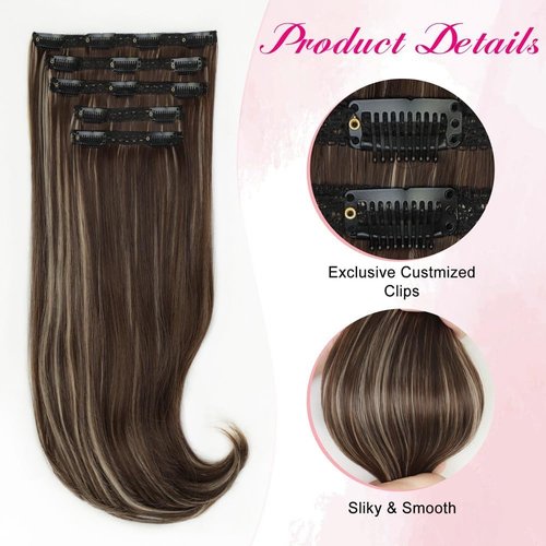 SUZYACCKR Clip in Hair Extensions For Women，Brown Mixed Long Stright Layered Hair Extensions 5PCS Hair Extension Thick Set Natural Soft Hair