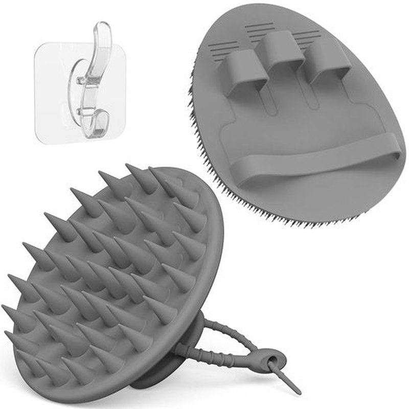 Manmihealth Silicone Hair Scalp Massager & Soft Bath Glove Set 2 PCS, Extra-Large Shampoo Scalp Brush with Body & Face Scrubber for All Hair Skin Types with a Free Silicone Strap&Hook Style 1(Gray*2)
