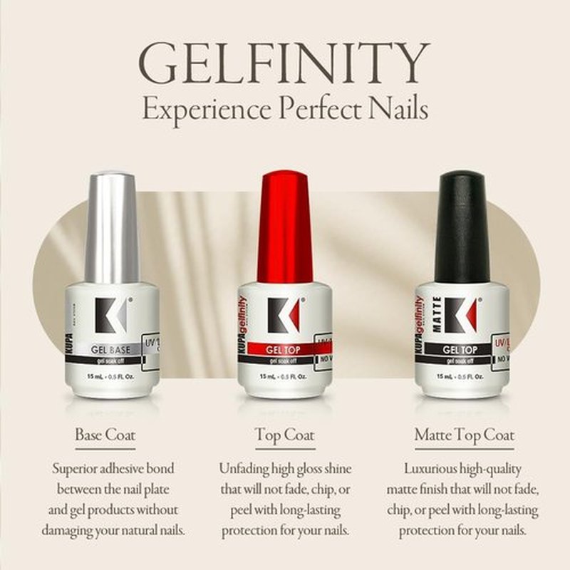 KUPA GelFinity - Soak Off Gel - Base & Top Coat Glossy Finish (No-Wipe) 0.5 Fl Oz