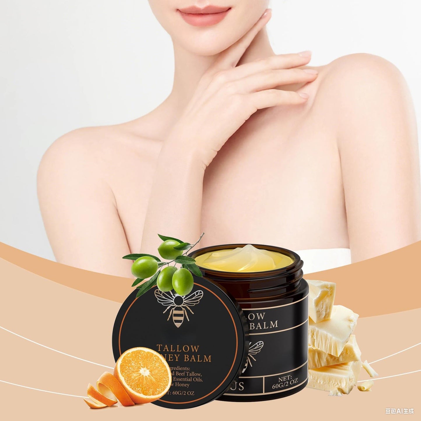 CHHQLZS Tallow Honey Balm for Skin, Natural Handmade Citrus Moisturizer for Soft Smooth Face Hands & Body, 2 Oz