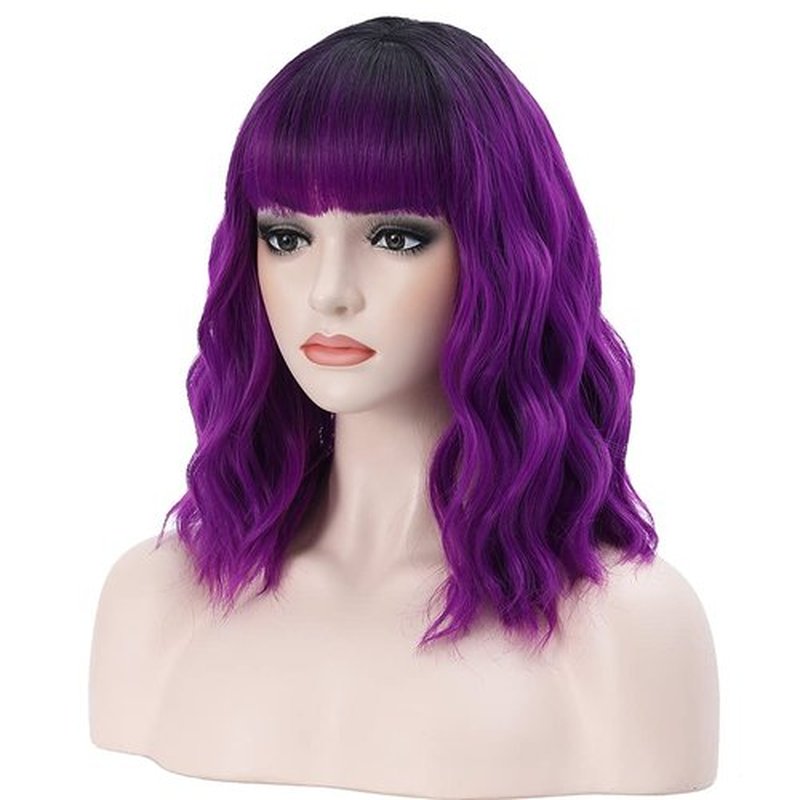 BERON 14 Inches Black Purple Ombre Wig Short Curly Wig with Bangs Purple Wig Synthetic Wigs Women Girls Ombre Wig with Wig Cap