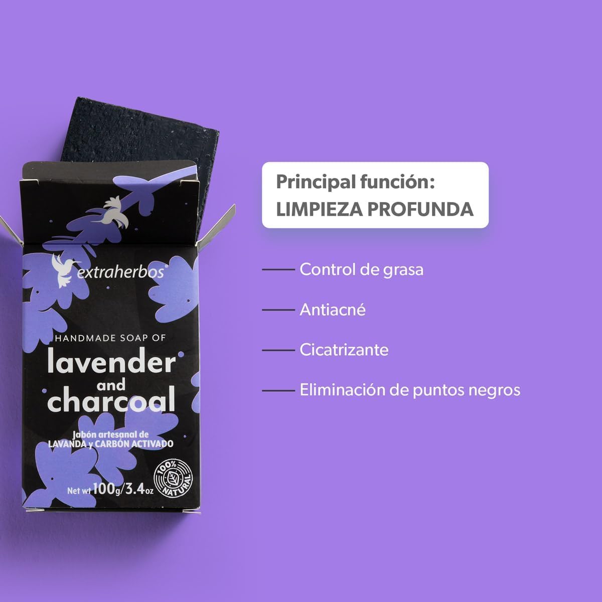 Extraherbos Activated Charcoal & Lavender Soap Bar - Handmade in Mexico - Deep Facial Cleanser for Oily Skin, Acne & Blackheads - Vegan, Cruelty Free 100g/3.4oz