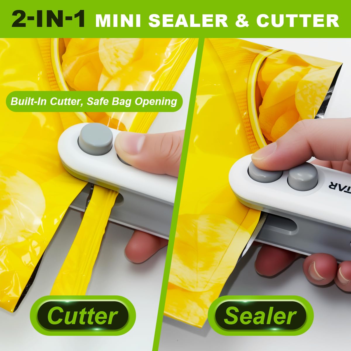 2in1 Mini Bag Sealer With Cutter And Magnet- Heat Seal & Cutter, Portable Handheld Chip Bag Sealer for Snacks, Candies & Food Storage (White, 1 PACK)