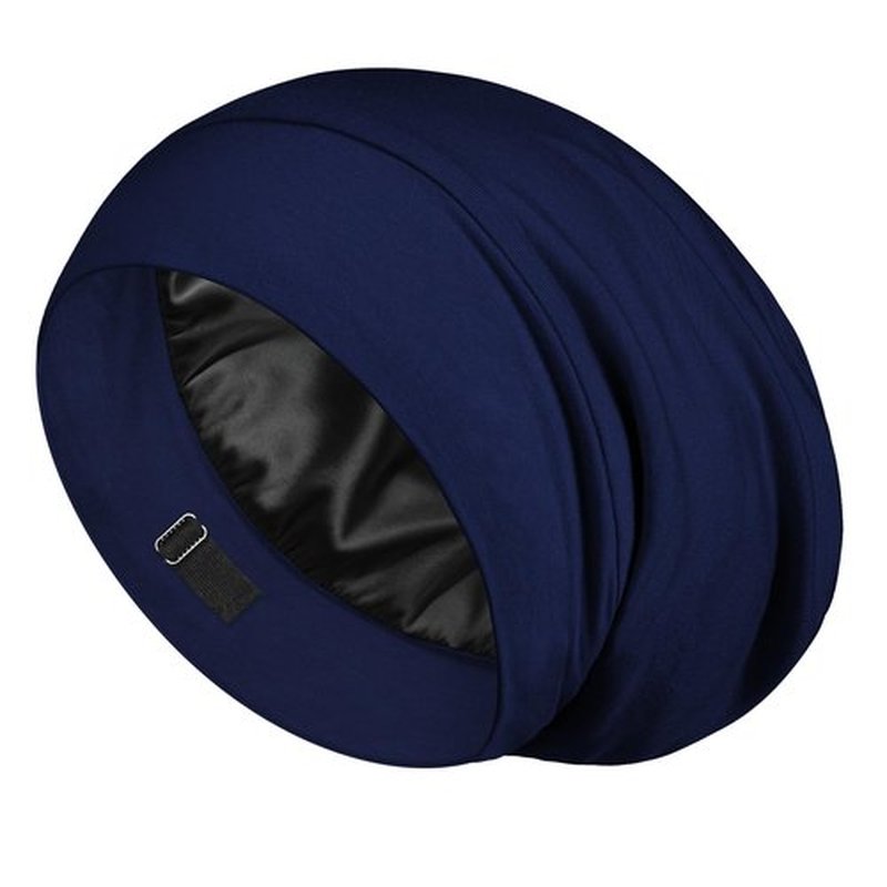 LULUSILK 100% Mulberry Silk Lined Sleep Cap Silk Bonnet for Sleeping, No More Frizzy Tangled Hair, Stay On All Night Adjustable Silk Hair Wrap for Sleeping, Navy Blue, Pack of 1