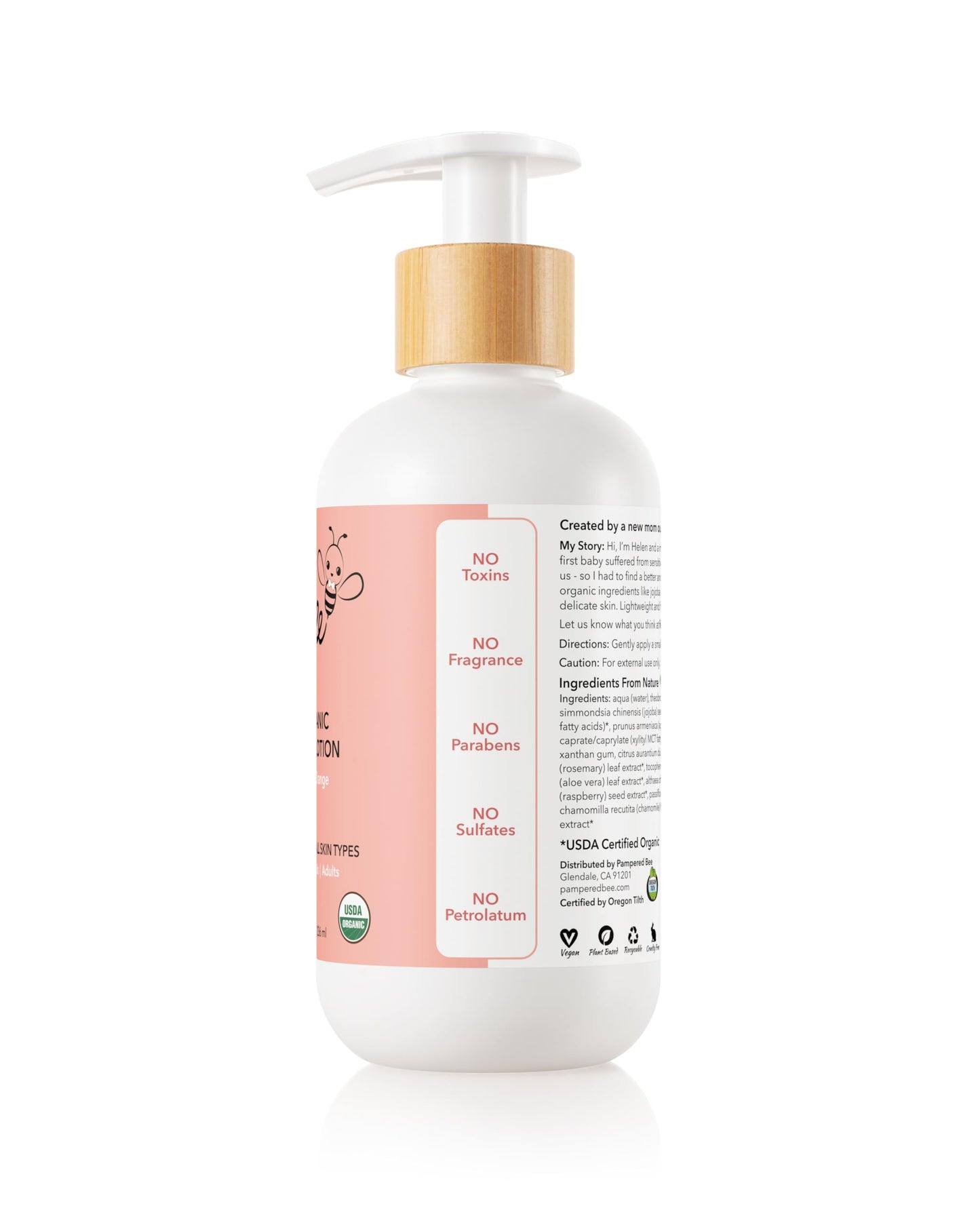 Pampered Bee - Organic Body Lotion (Light Orange) for Babies, Toddlers and Kids, With Capuaçu Seed Butter and Marshmallow Root - Moisturizing, Softening, Hydrating, 8 oz