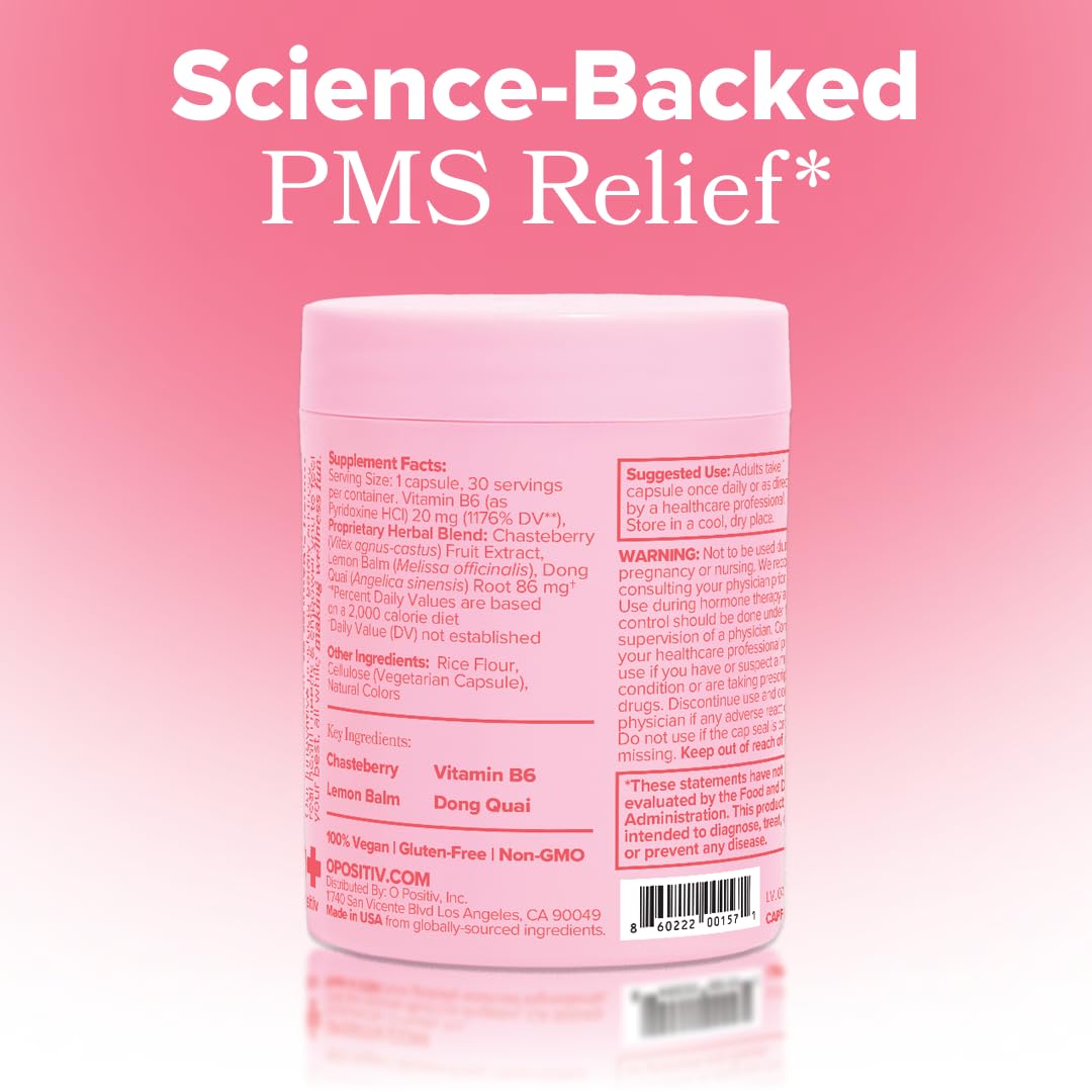 O Positiv FLO PMS Vitamins for Women, 30 Servings (Pack of 1) - Proactive PMS Relief - Targets Hormonal Breakouts, Bloating, Cramps, & Mood Swings with Chasteberry, Vitamin B6, & Lemon Balm