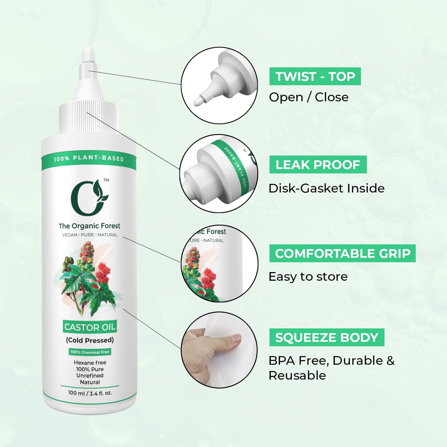 Organic Cold Pressed Castor Oil for Hair, Skin, Eyelashes, Eyebrows - 100% Pure, Hexane-Free, Natural Face Oil for Skin and Hair nourishment - Best Castor Oil for Eyelash and Eyebrow enhancement
