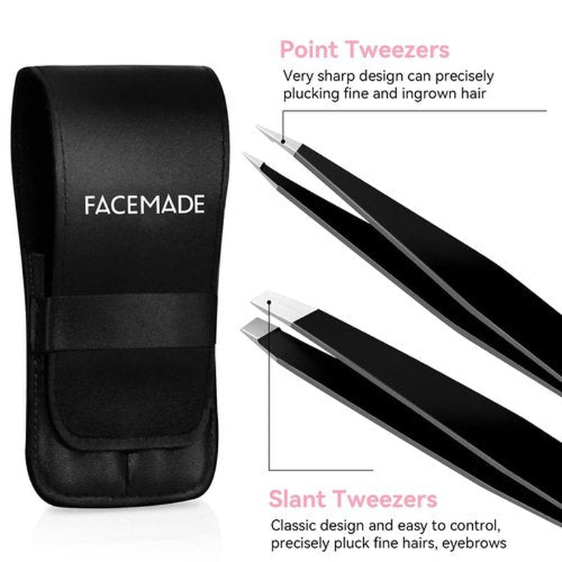 FACEMADE 2 Pack Tweezers Set - Professional Stainless Steel Tweezers for Men and Women, Precision Eyebrow Tweezers for Facial Hair, Chin, and Ingrown Hair Removal (Black)